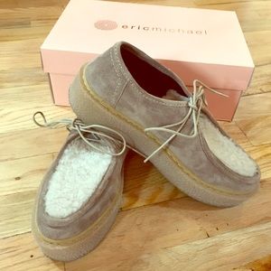 Shearling and suede platform shoes